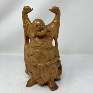 Vintage Carved Wooden Buddha Figure FLAW Laughing Hands Up Standing  8.5”